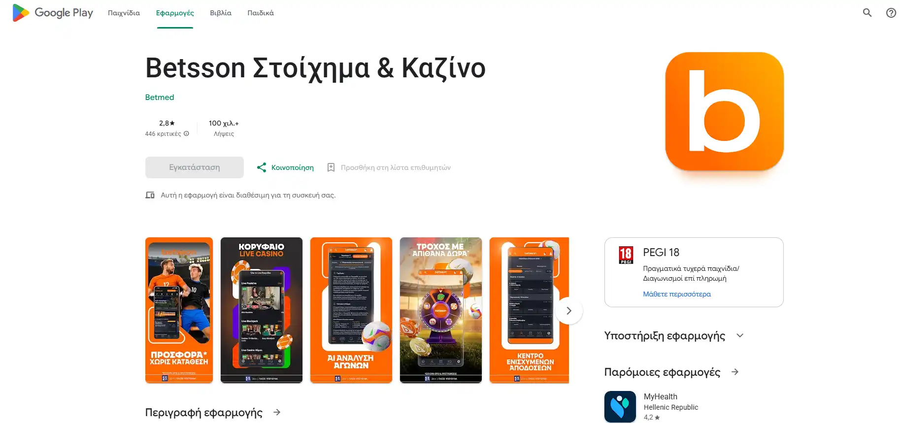 Καταχώριση της εφαρμογής Betsson για Android στο Google Play με τίτλο και εκδότη Betmed